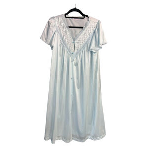 Vanity Fair Vintage Blue Nylon Nightgown M Lace Button Front 70s Cottagecore